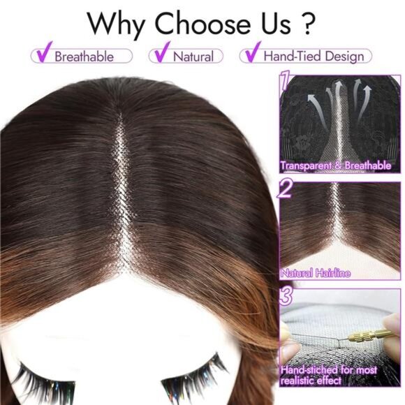 Brown Highlight Short Wavy Wig for Women Lace Hairline Bob Style Synthetic Heat - Picture 3 of 7